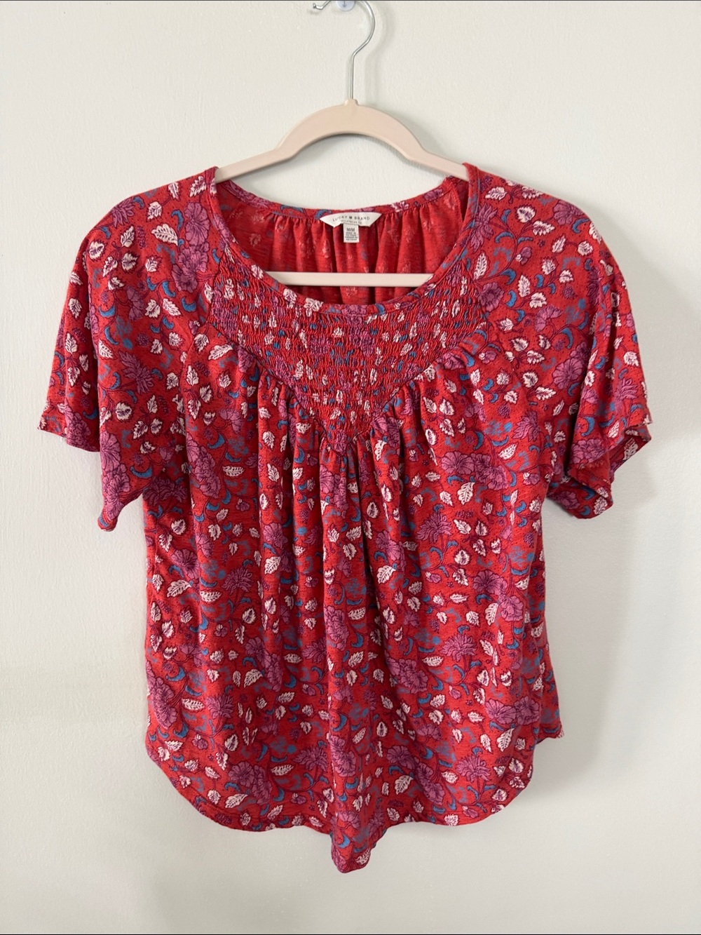 Lucky Brand Red Floral Smocked Yoke Short Sleeve Blouse